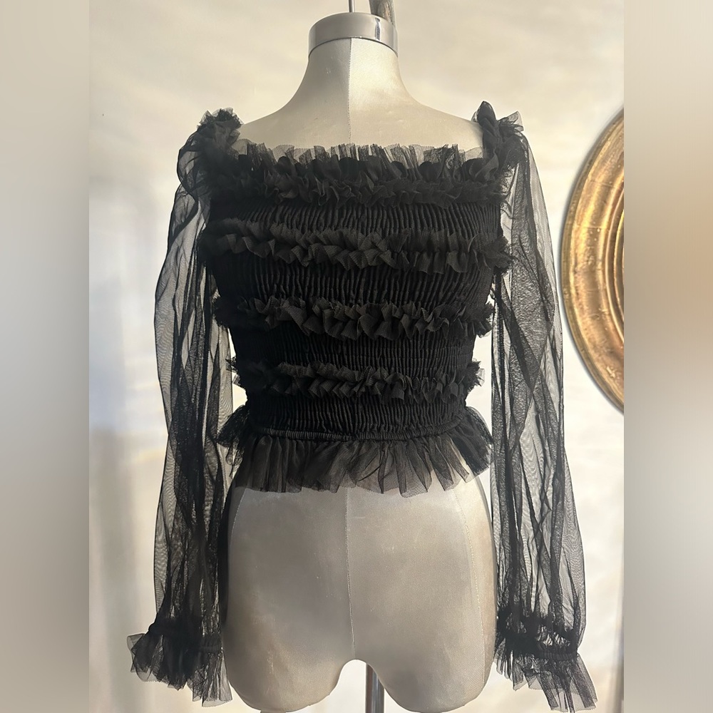 Mele E Pere stunning classy black sheer ruffle like blouse top size large L